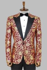 Gold Rose Patterned Slim Fit Burgundy Men Shinny  Blazer
