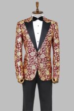 Gold-Rose-Patterned-Slim-Fit-Burgundy-Men-Shinny-Blazer-Wessi-2