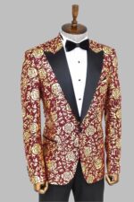 Gold-Rose-Patterned-Slim-Fit-Burgundy-Men-Shinny-Blazer-Wessi-3