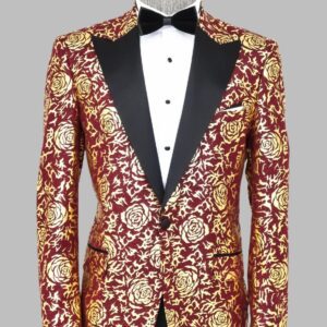 Gold Rose Patterned Slim Fit Burgundy Men Shinny  Blazer - Wessi