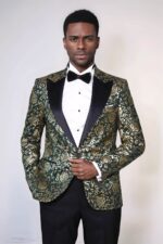 Gold Rose Patterned Slim Fit Green Men Singer Tuxedo Jacket