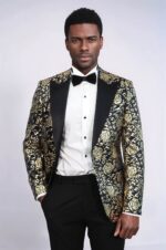 Gold Rose Patterned Slim Fit Navy Blue Men Party Blazer
