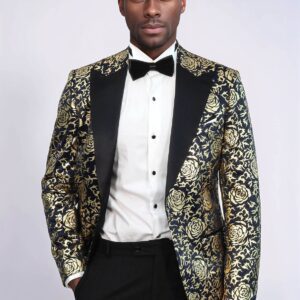 Gold Rose Patterned Slim Fit Navy Blue Men Party Blazer - Wessi
