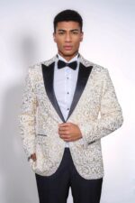 Gold Scroll Patterned Over White Men Wedding Tuxedo Jacket