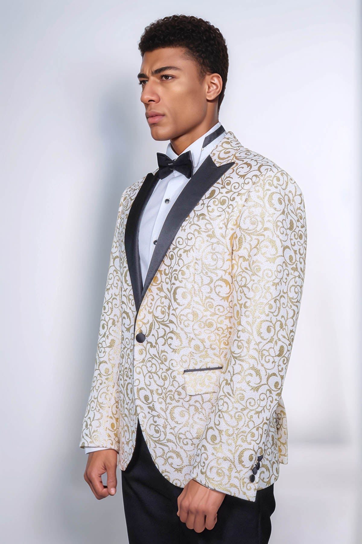 Statement Men's Gold Jacquard Vested Tuxedos with Pleated Pants main image 1