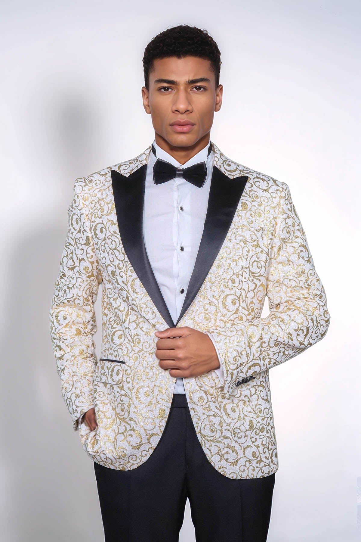 Mens Vested Swirl Patter Notch Lapel Tuxedo in Gold