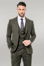Green Striped Slim-Fit Vested Suit