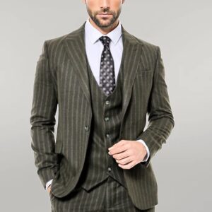 Green Striped Slim-Fit Vested Suit - Wessi