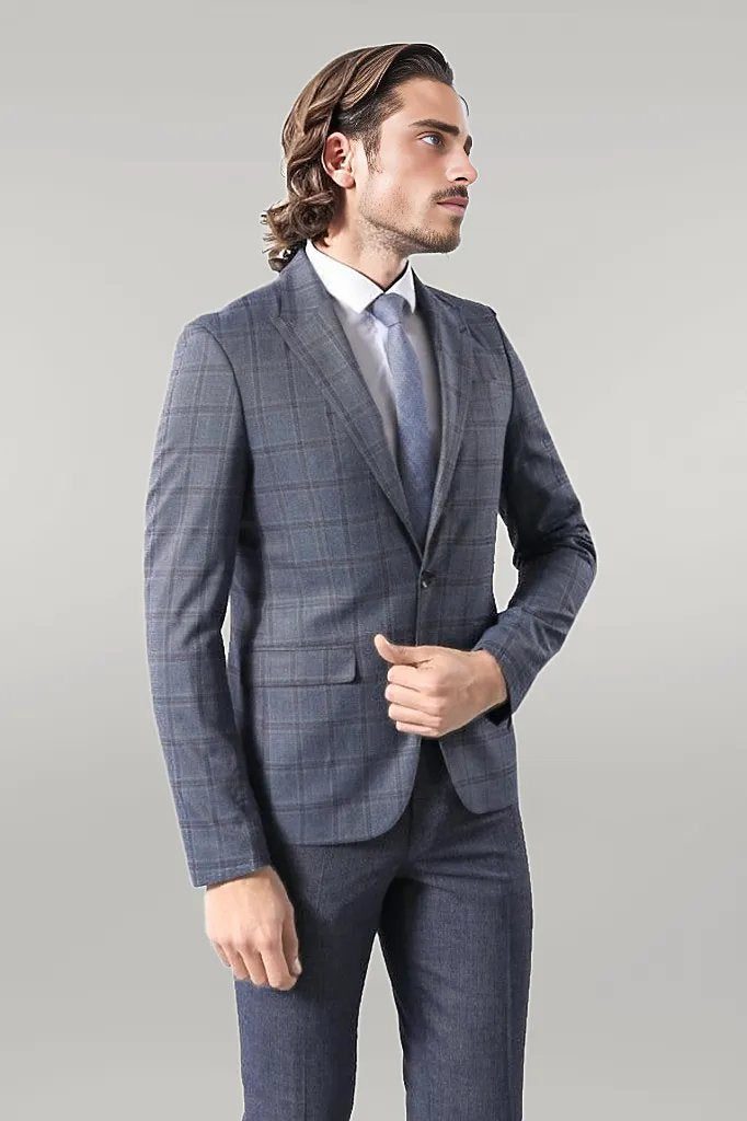 Men's Grey Checked Single Breasted Slim-Fit Blazer