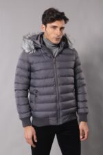 Grey Men's Puffer Coat with Fur