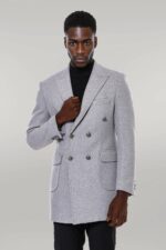 Grey Metal Buttoned Double Breasted Long Coat