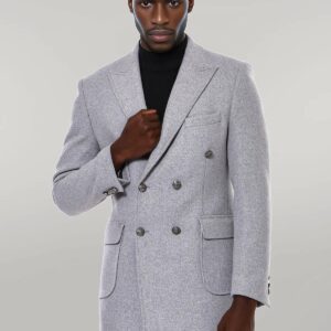 Grey Metal Buttoned Double Breasted Long Coat - Wessi