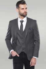 Grey Plain Blazer and Vest Set