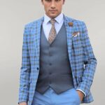 Grey Vested Slim Fit Checked Light Blue Men Suit - Wessi