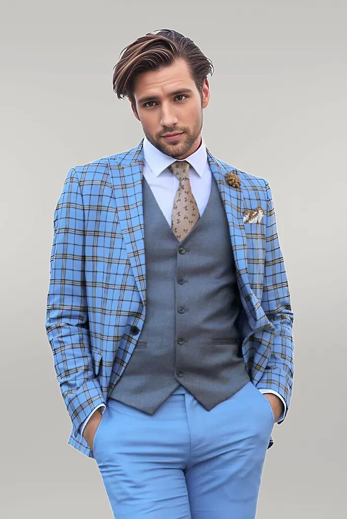 Mens Smart Slim Vested Suit Indigo Blue