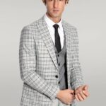 Grey Vested Slim Fit Checked Light Grey Men Suit - Wessi
