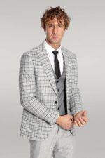 Grey Vested Slim Fit Checked Light Grey Men Suit