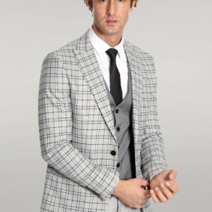 Grey Vested Slim Fit Checked Light Grey Men Suit - Wessi