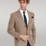Herringbone Slim Fit Wool Tan Men Blazer - Wessi