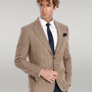 Herringbone Slim Fit Wool Tan Men Blazer - Wessi
