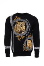 Hooded Silver Grey Tiger Patterned Black Slim Fit Sweatshirt