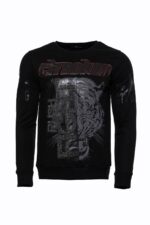 Hooded Silver Grey Tiger Patterned Black Slim Fit Sweatshirt
