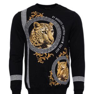 Hooded Silver Grey Tiger Patterned Black Slim Fit Sweatshirt - Wessi