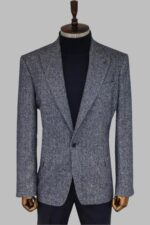 Houndstooth Pattern Wool Blue Men Blazer