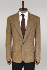 Houndstooth Pattern Wool Light Brown Men Blazer