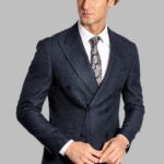 Houndstooth Patterned Navy Blue Men Double Breasted Blazer - Wessi