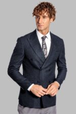Houndstooth Patterned Navy Blue Men Double Breasted Blazer