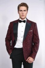Hypnose Pattern Peak Lapel Slim Fit Burgundy Men Tuxedo  Blazer