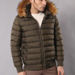 Khaki Fur Hooded Men's Puffer Coat - Wessi
