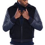 Leather Sleeve Navy Blue Cachet Coat | Wessi