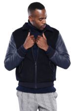 Leather Sleeve Navy Blue Cachet Coat