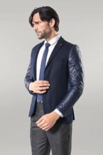 Leathered Sleeve Quilted Navy Blue Cache Blazer
