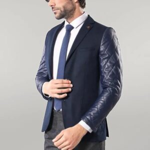 Leathered Sleeve Quilted Navy Blue Cache Blazer - Wessi