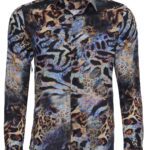 Leopard Pattern Slim Fit Long Sleeves Multicolor Men Shirt - Wessi