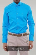 Long Sleeves Cotton Satin Slim Fit Turquoise Men Shirt