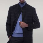 Mandarin Collar Black Checked Coat - Wessi