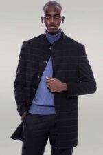 Mandarin Collar Black Checked Coat