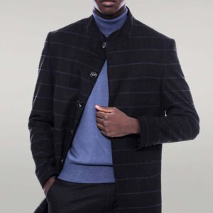 Mandarin Collar Black Checked Coat - Wessi