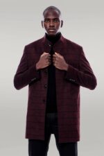 Mandarin Collar Burgundy Checked Coat