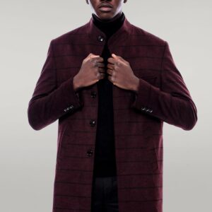 Mandarin Collar Burgundy Checked Coat - Wessi
