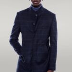 Mandarin Collar Navy Checked Coat - Wessi