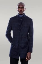 Mandarin Collar Navy Checked Coat