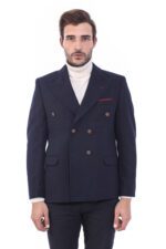 Mens Double Breasted Slim Fit Navy Blue Blazer