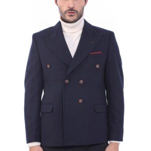 Mens Double Breasted Slim Fit Navy Blue Blazer - Wessi