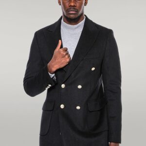 Metal Buttoned Double Breasted Black Men Long Coat - Wessi