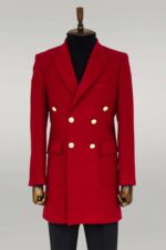 Metal Buttoned Double Breasted Burgundy Men Coat